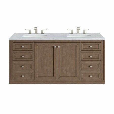 JAMES MARTIN VANITIES Chicago 60in Double Vanity, Whitewashed Walnut w/ 3 CM Carrara Marble Top 305-V60D-WWW-3CAR